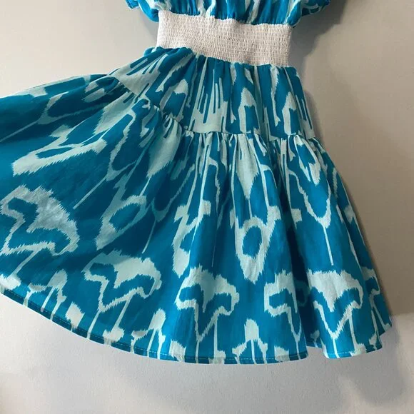 Handmade Children's 100% Cotton Blue Pattern White Elastic Waist Dress - Picture 9 of 10